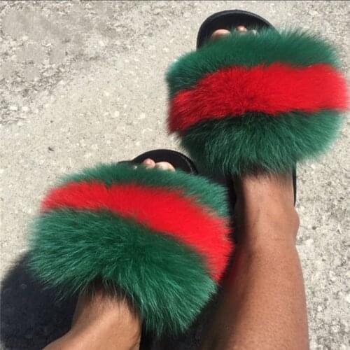 Women Fluffy Colorful Real Fox Fur Slippers Female Furry Sandals Girl Plush Slides Ladies Fashion House Shoes Luxury Flip Flops