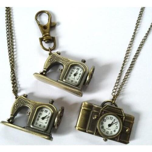 Retro Antique Bronze Sewing Machine/Camera Pocket Watch Necklace Pendants Key Chain Best Gift Fashion DIY Accessory 10pcs/lot
