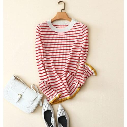 100% cashmere striped sweater womens fashion crew neck long sleeve ribbed knit autumn winter basic pullovers