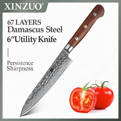 XINZUO 6 Inch Utility Knife Damascus Steel Kitchen Knife Fruit Rosewood Handle Newarrive Stainless Steel Paring Knives Gift Box