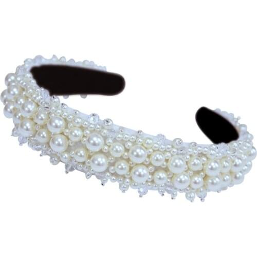 Pearl Headband for Wedding Wide Jeweled White Tiara Bride Wedding Hair Accessories Birthday Party Gift Headbands