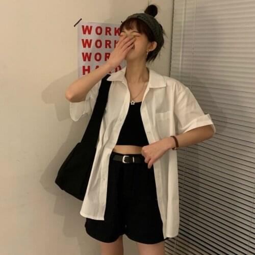 Shirts Women Short Sleeve blouses Solid Bf Oversize Loose Turn Down Collar College Simple Womens All-match Harajuku 2020 Summer