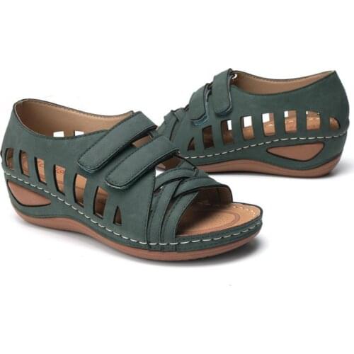 New Roman Shoes Womens Sandals Large Size Wedge Heel Hollow Velcro Hole Shoes Ladies Sandals