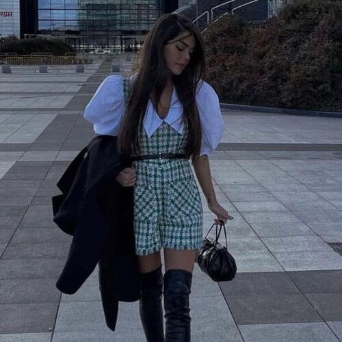 Ardm Elegant Tweed Frayed Trim Doll Collar Jumpsuit Women Puff Sleeve Patchwork With Belt Pockets Vintage Ladies Plaid Romper