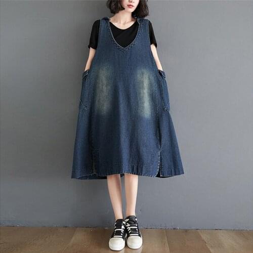 Johnature Strap Denim Loose 2021 Spring Dress New Casual Vintage Solid Color All-match Women Pinafore Dresses