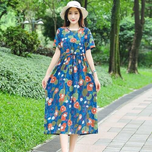 Thin Soft cotton Linen Loose Summer Dress Print Floral Prairie Chic Travel Style Dress Draw String Women Holiday Casual Dress