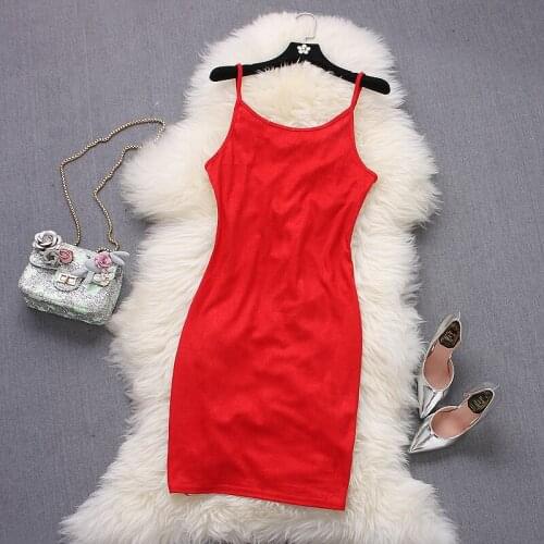 [Alphalmoda] Summer Womens Elegant Suede Sling Dress Back Lacing Open Back Sexy Ladies Party Vestidos Red Green Black M-L