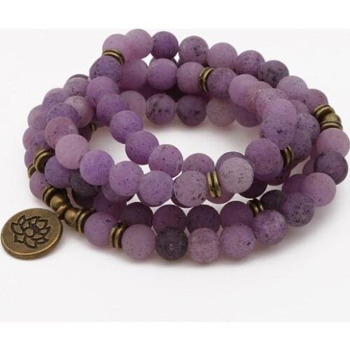 Purple 108 beads 8mm elastic adjustable Lotus life tree Buddha OM eye Chakra Reiki agate Onyx Yoga Bracelet necklace fth34
