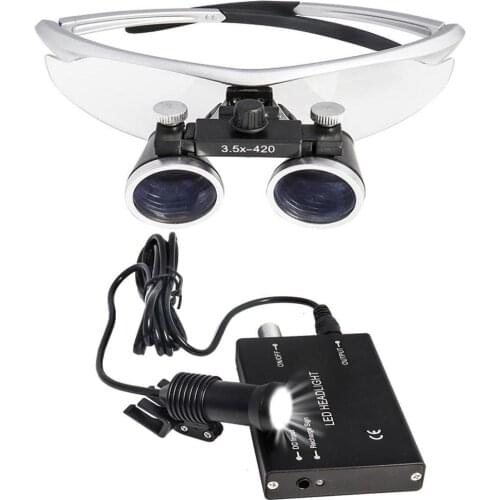 3.5x420mm Dental Loupe Dental Lab Medical Loupe Dental Magnifier Dentists Silver with 5W Headlight Upgraded