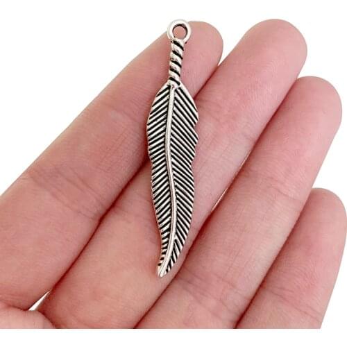 30 x Tibetan Silver Double Sided Feather Leaf Charms Pendants for Necklace Jewelry Making Findings 49x10mm