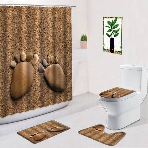 Beach Stone Bathroom Shower Curtains 4Pcs Set Creative Footprint Pattern Anti-Slip Bath Mat Toilet Home Bathtub Decor Carpet Rug