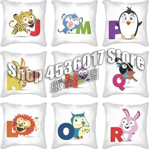 White Pillowcase Cushion Cover Cartoon animal alphabet Pillowcase Polyester Pillowcase 45x45cm Home Bedroom Decor Hotel Car Seat