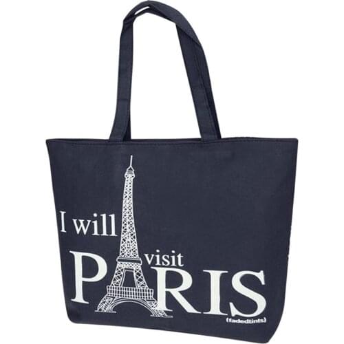 Large Space Women Canvas Handbag Zipper Shopping Shoulder Bag Paris Eiffel Tower Pattern Girls Beach Bookbag Casual Tote Fashion