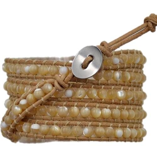 5 Wraps Yellow Shell Pearl Mens Womens 4mm Gem stone Wrap Genuine Leather Bangle Bracelet Beads Jewelry Wholesale 3PCS/Lot