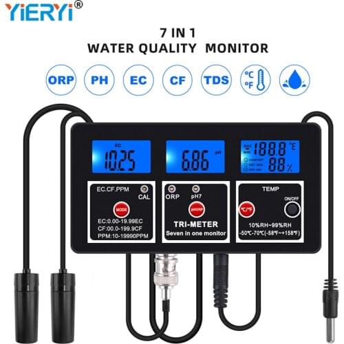 7 in 1 PH EC TDS Temp ORP CF Digital Meter Multi-parameter Water Quality Purity On-time Monitor Tester US EU Plug for Aquarium
