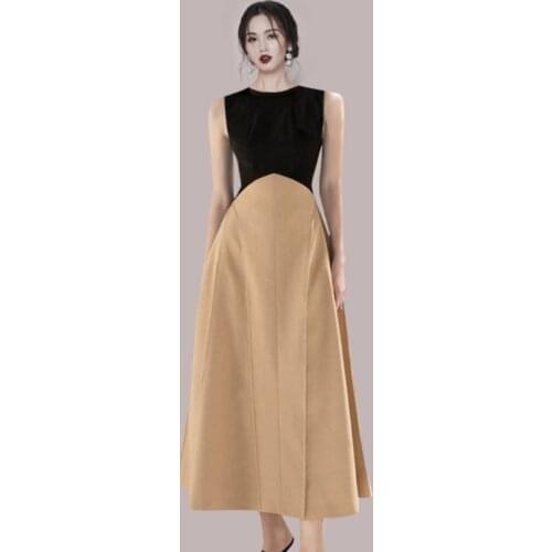Black Khaki Smmer Long Dress Korean Loose Cotton Party Dress Casual Patchwork Sleeveless O-Neck Maxi Dress Luxury A-Line C342