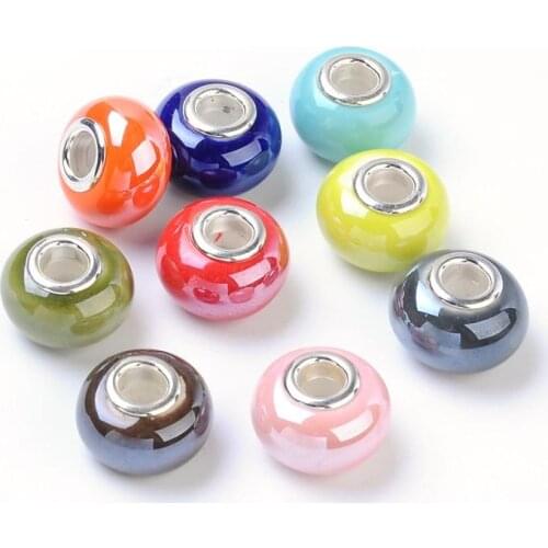 Handmade Porcelain European Beads, with Silver Color Brass Double Cores, Rondelle, Mixed Color, 15x11mm, Hole: 5mm