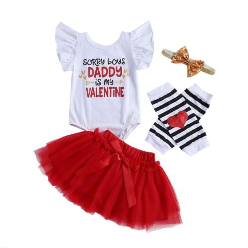 OPPERIAYA Baby Girls Clothing Valentines Day Print Round Neck Bodysuit Skirts Headwear Leg Warmer 4pc Suit for Birthday Party