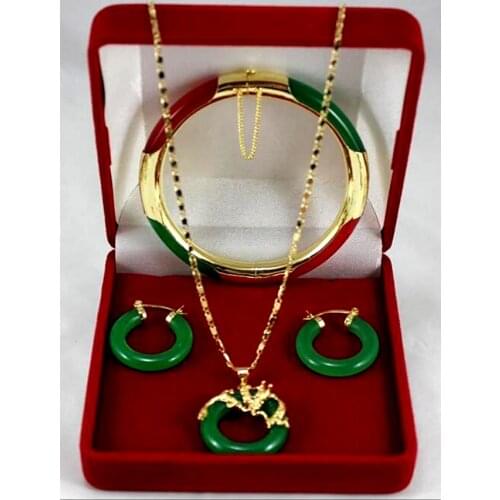 Hot sell new - Fast SHIPPING Wonderful red & Green stone Circle Dragon Pendants Necklace Earring Bracelet Set (A0511)