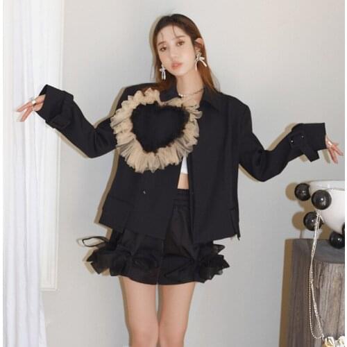 Highstreet Fashionable Love Mesh Stitching Black Short Jacket Female Long Sleeve Lapel Slim Coat Suit 2021 Spring Summer Clothes