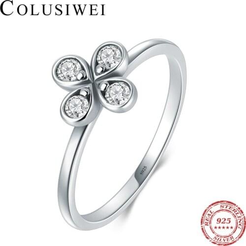 Colusiwei Lucky A Clover Fashion Flower Rings 925 Sterling Silver Charm Clear CZ Stackable Finger Rings For Women Party Jewelry