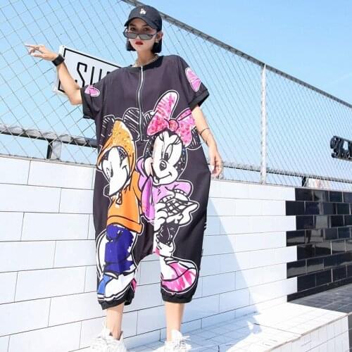 Cartoon graffiti Bodysuit zipper short sleeve ladies Rompers hip hop streetwear Sequin Playsuits Oversized jumpsuit women summer