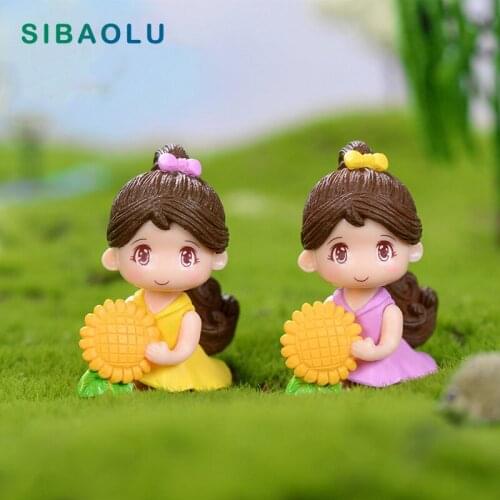 2pcs sunflower Girl doll Miniature Figurine Doll House mini fairy garden decoration cartoon cake ornament toy DIY Accessories