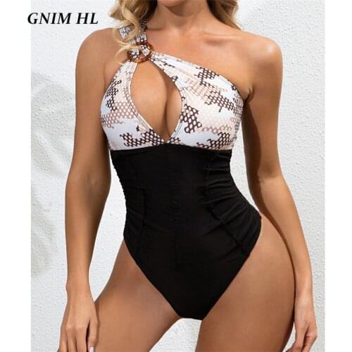 GNIM One Shoulder Swimwear Women Push Up Patchwork Swimsuit New Arrival Sexy Hollow Out Bikini Mujer 2021 One Piece Bather Suit