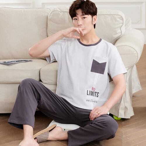 2021 New 100% Cotton Mens Pajamas 100KG Fashion Style Short Sleeve T Shirt With Trousers Casual Homewear male PJs Sleepwear Set