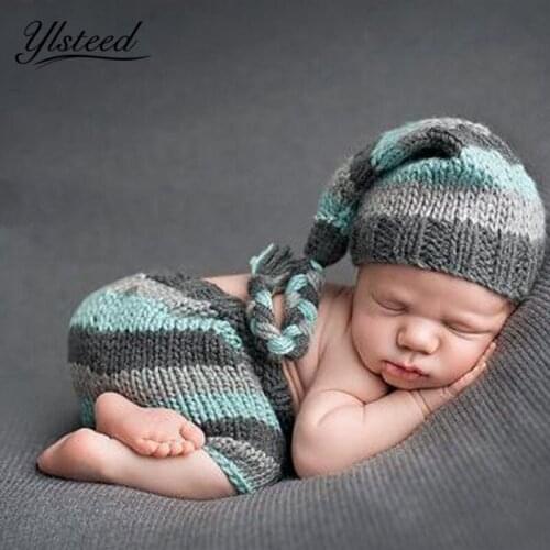 Newborn Baby Photography Props Crochet Newborn Costume Stripe Hat Pants Set Infant Outfit for Photo Shooting Baby Boy Photo Prop