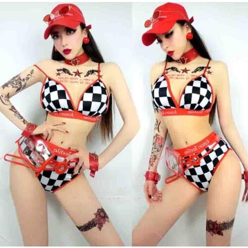 Sexy Jazz Dance Costumes Hip Hop Suit Hip Hop Performance Clothing Rave Outfits DJ DS Lead Dancer Black And White Bikini XS1497