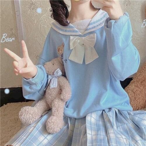 Japanese Sweet Preppy Style Sweatshirt Kawaii Sailor Collar Bow Cartoon Bear Embroidery Pullover Full Sleeve Student Sweatshirts