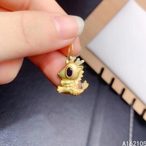 Fine Jewelry 925 Pure Silver Inlaid Natural Sapphire Girl Luxury Trendy Dragon Chinese Style Gem Pendant Necklace Support Detect
