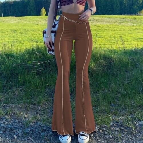 Women Solid Color High Waist Long Pants Fashion Casual Skinny Slim Flare Pants Brown/Green/Black
