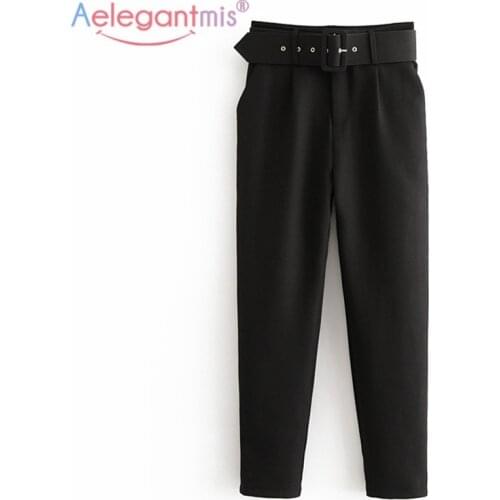 Aelegantmis Spring High Waisted Pants Suit Woman Belt Korean Fashion Office Lady Harem Pants Black Chic Elegant Trousers Pink