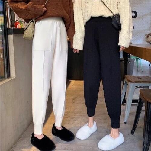 2021 Women Autumn Winter New Knitted Harem Pants Female Loose Solid Color Trousers Ladies High Waist Warm Granny Casual Pants