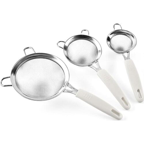 1Pcs Kitchen Supplies Flour Sieve Manual 8CM 10CM 14CM 30 Mesh White Handle Baking Tool 304 Stainless Steel/PP Double Layer