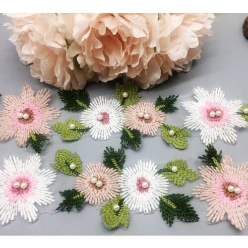1 Yard Multicolor Flower Leaves Pearl Guipur Lace Trim Fabric Wedding Dress Cotton Embroidered Ribbon Applique Sewing Craft