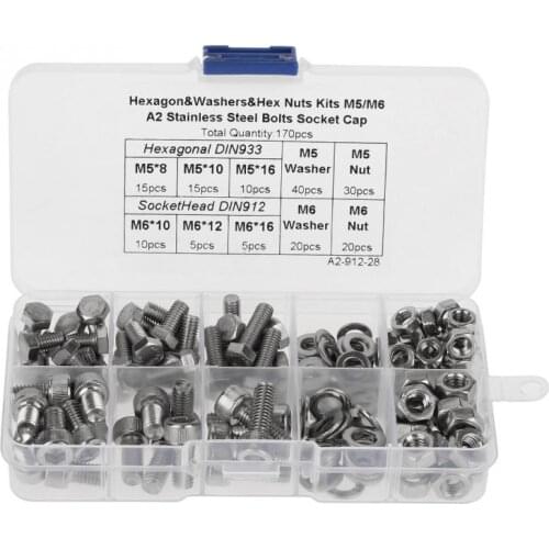 170Pcs Stainless Steel M5/M6 Hex Socket Screws Washers Nuts Assortment Kit Hex Socket Head Cap Screws & Bolts Set tornillos Hot
