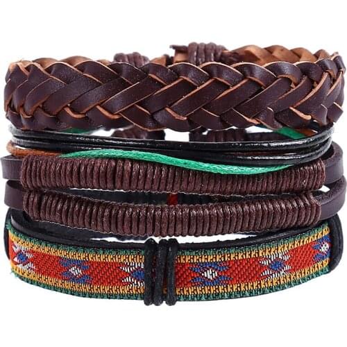 4pcs/set punk boho tibetan fabric dark brown leather cord macrame knots wrap wide ban Bracelets Bangles for man hand jewelry