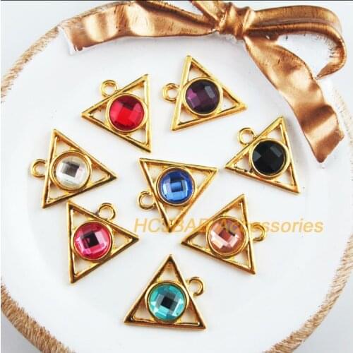 8 New Triangle Charms Gold Color Retro Mixed Crystal Pendants 19x21mm