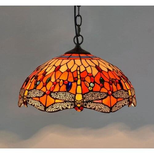 American Pastoral Creative Tiffany Colored Glass Living Room Restaurant Retro Bar Red Dragonfly Hanging Light 40cm