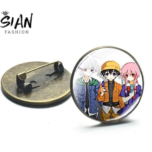 SIAN Anime Mirai Nikki Future Diary Cosplay Badges Gasai Yuno Pins Icon Amano Yukiteru Brooch Pins Glass Cabochon for Backpacks