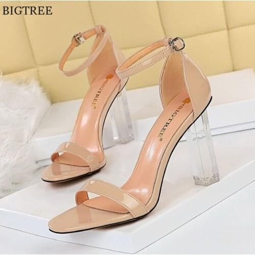 New Fashion Summer Sexy Transparent Square Heels Women Shoes Nude White Dress Open Toe Patent Leather Ankle Strap Female Sandals