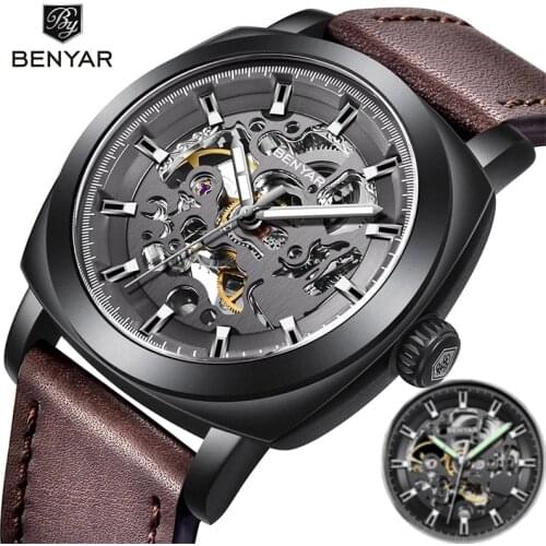 2021 Mens Watch BENYAR Top Luxury Brand Automatic Mechanical Watch Mens Business Fashion Leather Strap Waterproof Wristwatches