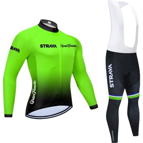 Fluo Team STRAVA Autumn Long Sleeves New Cycling Jerseys Cycling Set Racing MTB Suit Maillot Bike Clothing Ropa Ciclismo 2021