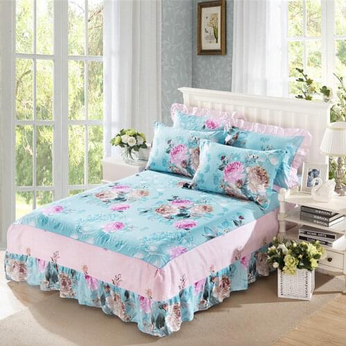 Cotton Floral Ruffle Bedspread Mattress Cover Princess Bedding Bed Skirt & Cotton Ruffle Pillowcase Bedclothes 45cm Deep