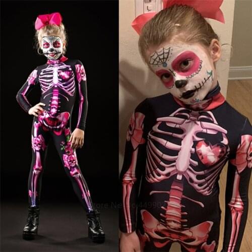 Halloween Costumes for Girls Women Scary Zentai Jumpsuit Horror Pink Skeleton Mom and Daughter Matching Clothing Carnival Party
