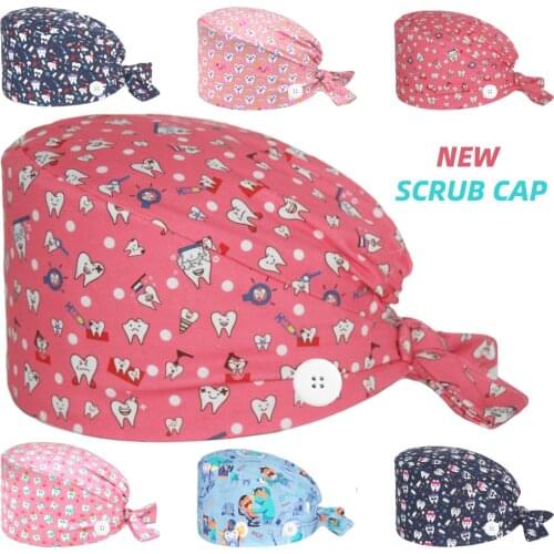 Cute Bouffant Cap Cotton Anime Print Nurse Working Nursing Hat Beauty Salon Dentist Clinic Long Hair Surgicals Hats Women Men