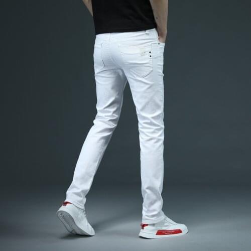 Mens Fitted Slim White Jeans 2021 Spring Classic Brand High Quality Comfortable Cotton Stretch Fashion Casual Pants